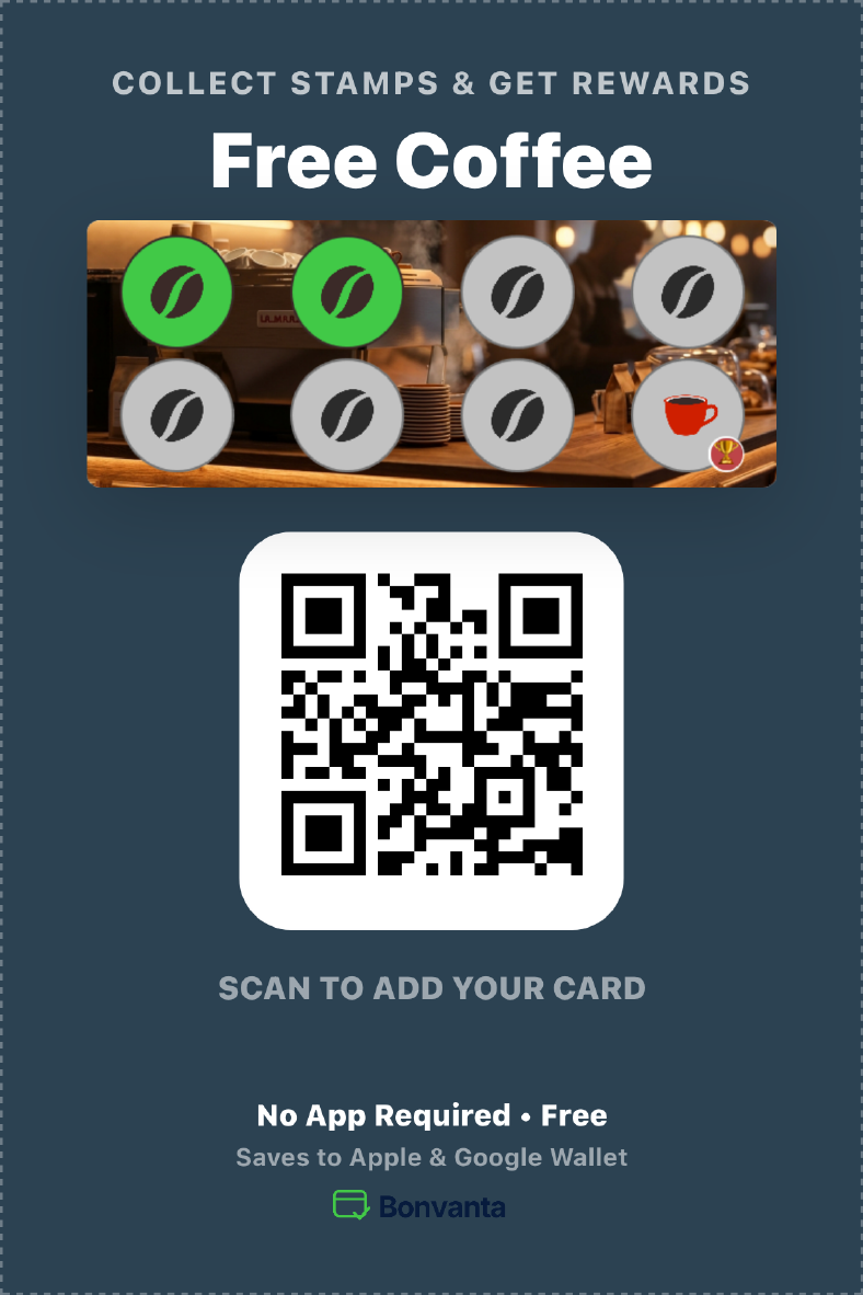 Bean and Bloom digital loyalty card with a QR code for customers to scan